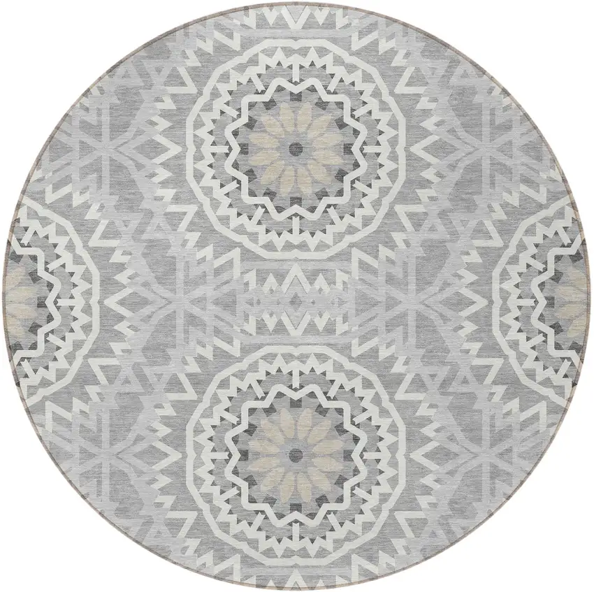 8' Gray Silver And Ivory Round Floral Medallion Washable Indoor Outdoor Area Rug Photo 4