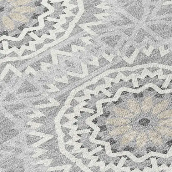 8' Gray Silver And Ivory Round Floral Medallion Washable Indoor Outdoor Area Rug Photo 7