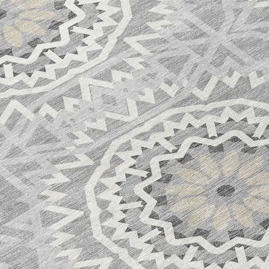 8' Gray Silver And Ivory Round Floral Medallion Washable Indoor Outdoor Area Rug Photo 7
