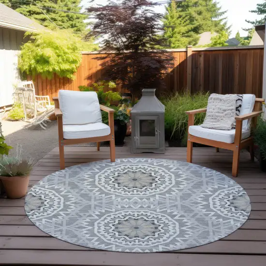 8' Gray Silver And Ivory Round Floral Medallion Washable Indoor Outdoor Area Rug Photo 5