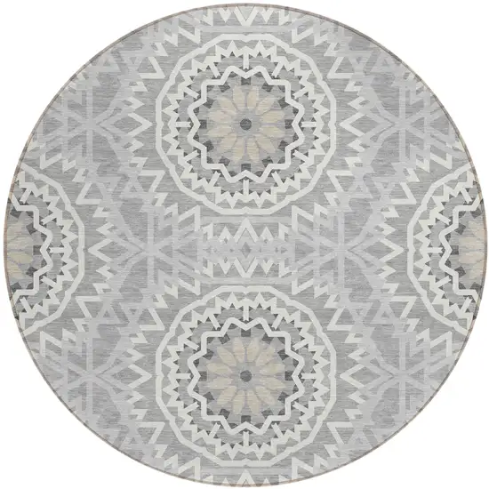 8' Gray Silver And Ivory Round Floral Medallion Washable Indoor Outdoor Area Rug Photo 2