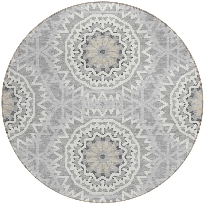 8' Gray Silver And Ivory Round Floral Medallion Washable Indoor Outdoor Area Rug Photo 2