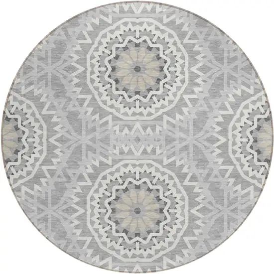 8' Gray Silver And Ivory Round Floral Medallion Washable Indoor Outdoor Area Rug Photo 2