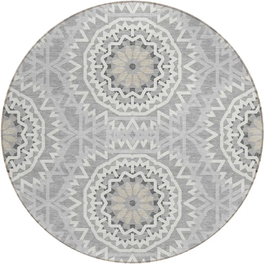 8' Gray Silver And Ivory Round Floral Medallion Washable Indoor Outdoor Area Rug Photo 2