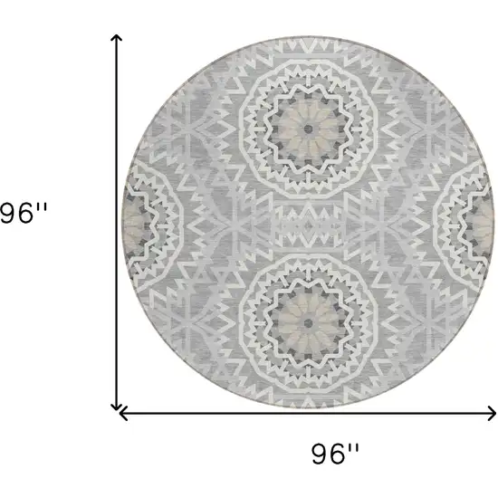 8' Gray Silver And Ivory Round Floral Medallion Washable Indoor Outdoor Area Rug Photo 3
