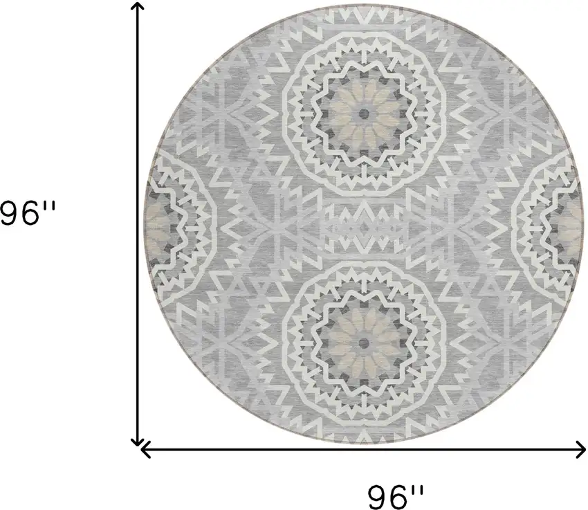 8' Gray Silver And Ivory Round Floral Medallion Washable Indoor Outdoor Area Rug Photo 3