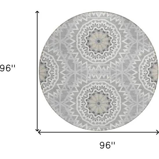 8' Gray Silver And Ivory Round Floral Medallion Washable Indoor Outdoor Area Rug Photo 3