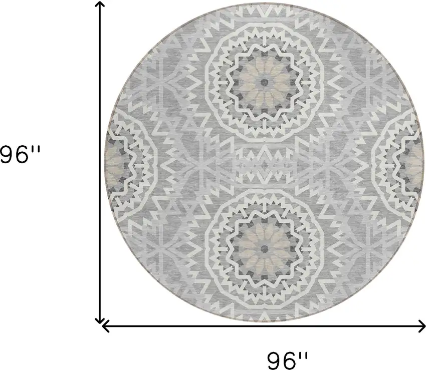 8' Gray Silver And Ivory Round Floral Medallion Washable Indoor Outdoor Area Rug Photo 3