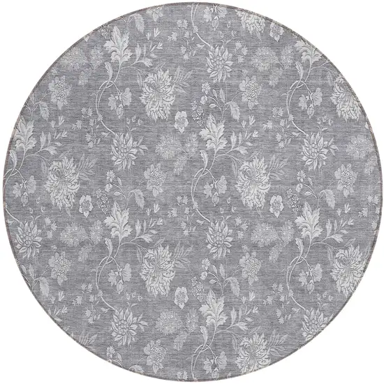 8' Gray Silver And Ivory Round Floral Washable Indoor Outdoor Area Rug Photo 2