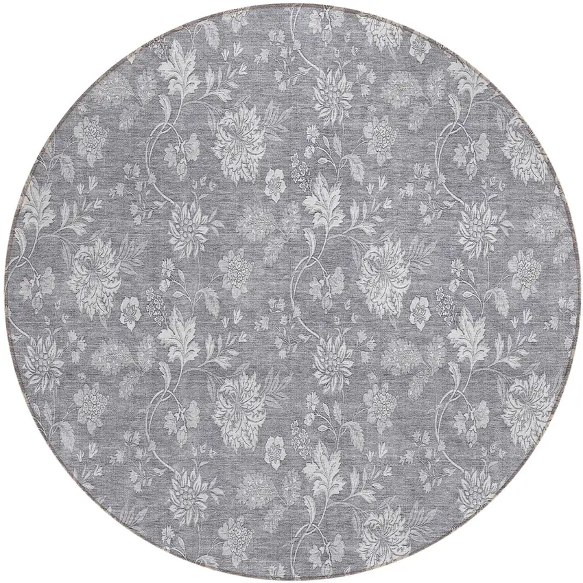 8' Gray Silver And Ivory Round Floral Washable Indoor Outdoor Area Rug Photo 2