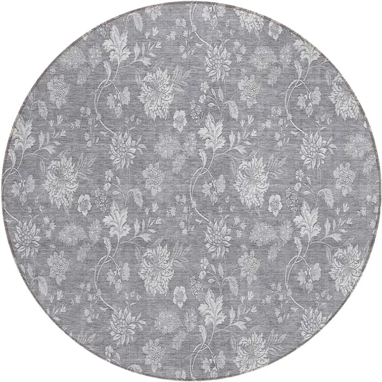 8' Gray Silver And Ivory Round Floral Washable Indoor Outdoor Area Rug Photo 2