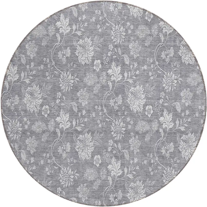 8' Gray Silver And Ivory Round Floral Washable Indoor Outdoor Area Rug Photo 2