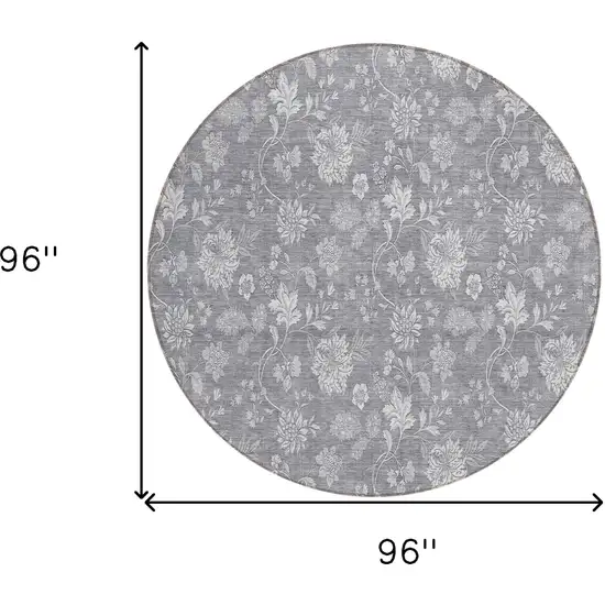 8' Gray Silver And Ivory Round Floral Washable Indoor Outdoor Area Rug Photo 3