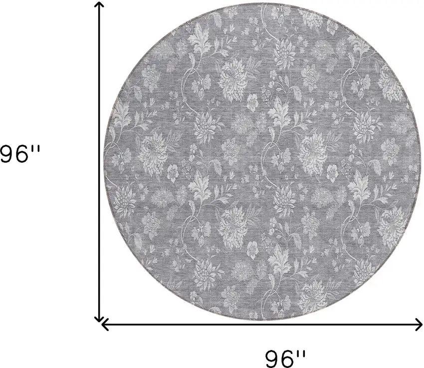 8' Gray Silver And Ivory Round Floral Washable Indoor Outdoor Area Rug Photo 3