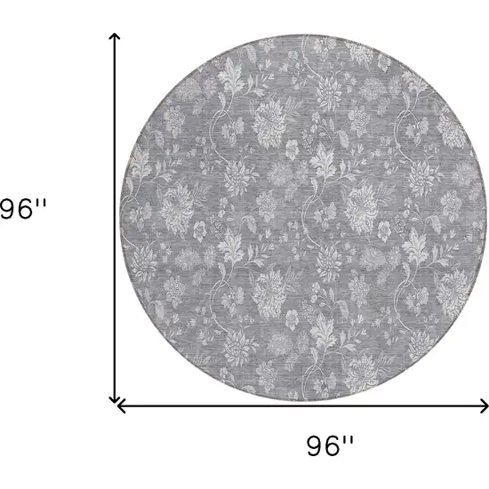 8' Gray Silver And Ivory Round Floral Washable Indoor Outdoor Area Rug Photo 3