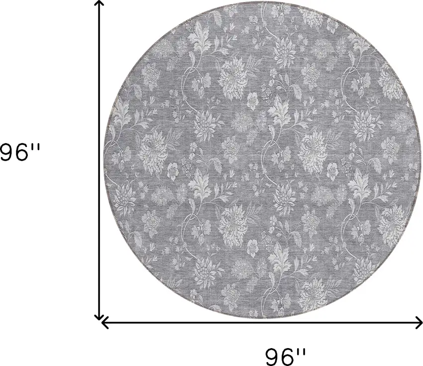 8' Gray Silver And Ivory Round Floral Washable Indoor Outdoor Area Rug Photo 3
