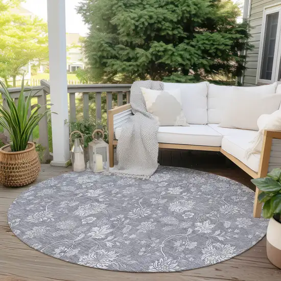 8' Gray Silver And Ivory Round Floral Washable Indoor Outdoor Area Rug Photo 6