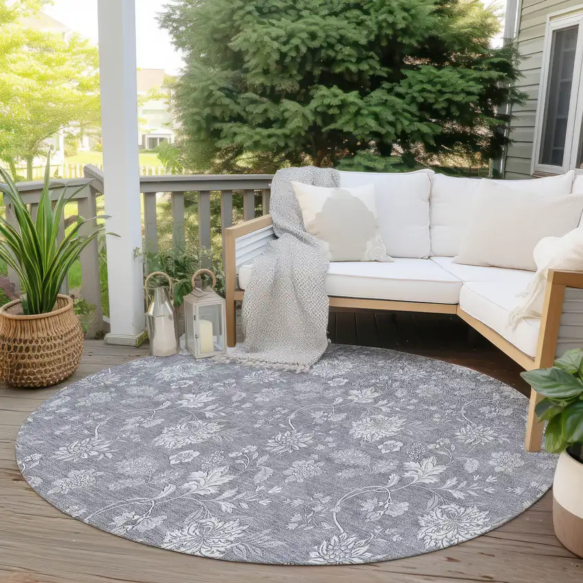 8' Gray Silver And Ivory Round Floral Washable Indoor Outdoor Area Rug Photo 6