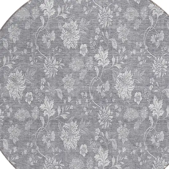 8' Gray Silver And Ivory Round Floral Washable Indoor Outdoor Area Rug Photo 4