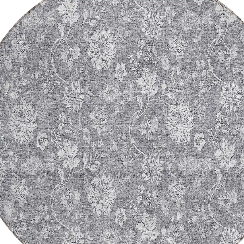 8' Gray Silver And Ivory Round Floral Washable Indoor Outdoor Area Rug Photo 4