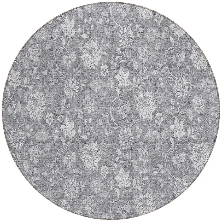 8' Gray Silver And Ivory Round Floral Washable Indoor Outdoor Area Rug Photo 5