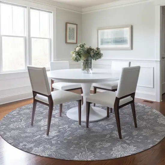 8' Gray Silver And Ivory Round Floral Washable Indoor Outdoor Area Rug Photo 7