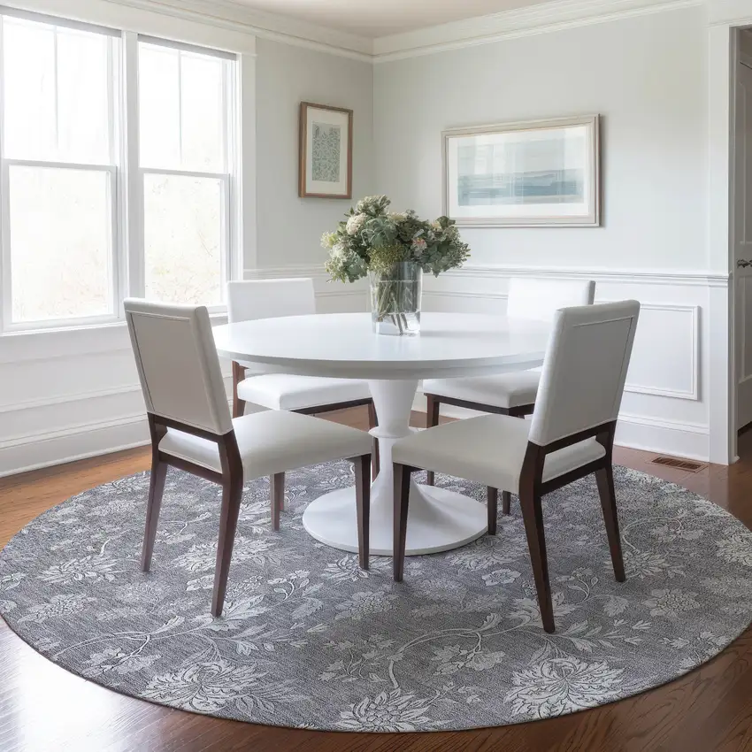 8' Gray Silver And Ivory Round Floral Washable Indoor Outdoor Area Rug Photo 7