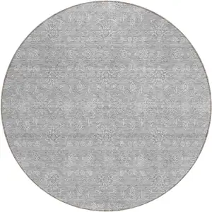 Photo of 8' Gray Silver And Ivory Round Floral Washable Indoor Outdoor Area Rug