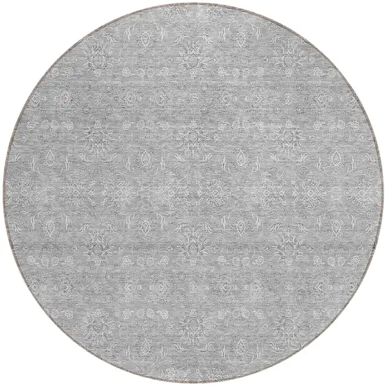 8' Gray Silver And Ivory Round Floral Washable Indoor Outdoor Area Rug Photo 1
