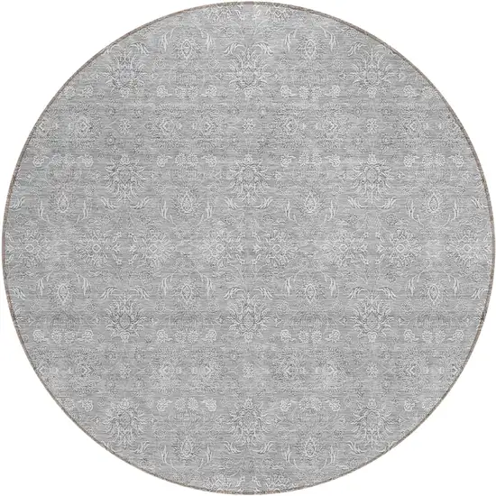 8' Gray Silver And Ivory Round Floral Washable Indoor Outdoor Area Rug Photo 1