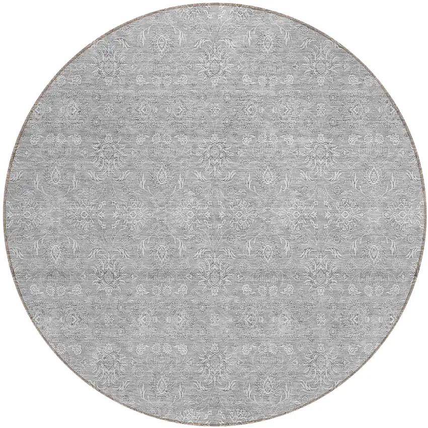 8' Gray Silver And Ivory Round Floral Washable Indoor Outdoor Area Rug Photo 1