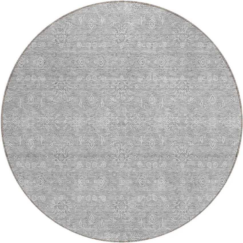 8' Gray Silver And Ivory Round Floral Washable Indoor Outdoor Area Rug Photo 1