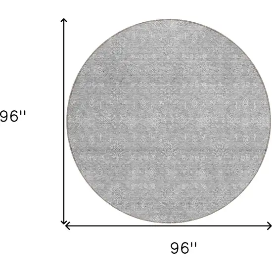 8' Gray Silver And Ivory Round Floral Washable Indoor Outdoor Area Rug Photo 8