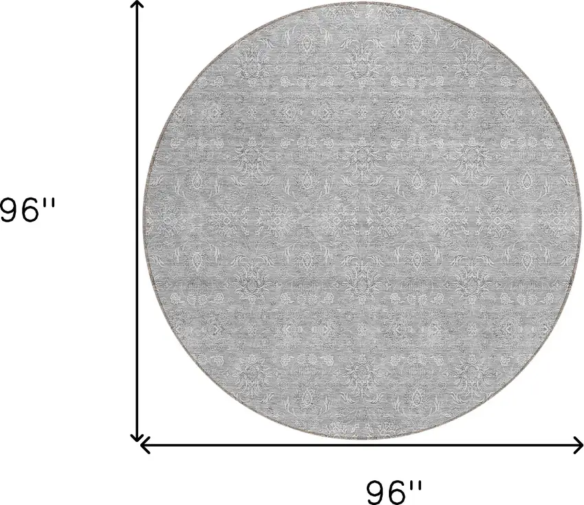 8' Gray Silver And Ivory Round Floral Washable Indoor Outdoor Area Rug Photo 8
