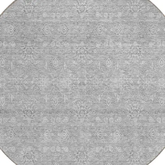 8' Gray Silver And Ivory Round Floral Washable Indoor Outdoor Area Rug Photo 4