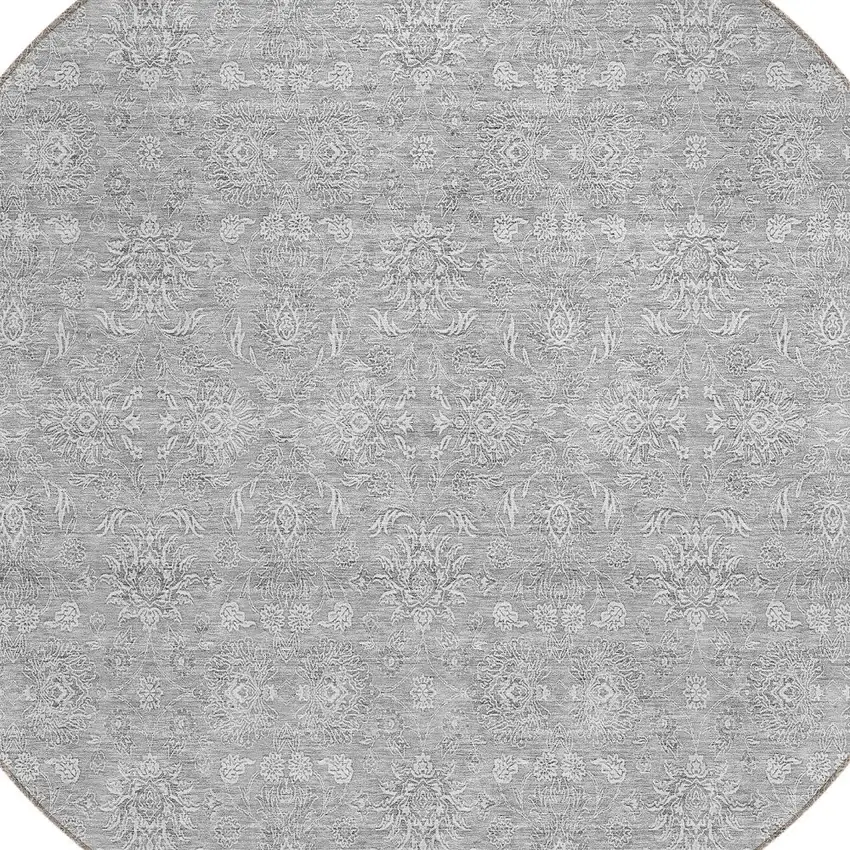 8' Gray Silver And Ivory Round Floral Washable Indoor Outdoor Area Rug Photo 4