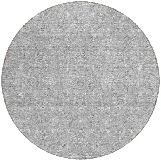 8' Gray Silver And Ivory Round Floral Washable Indoor Outdoor Area Rug Photo 5