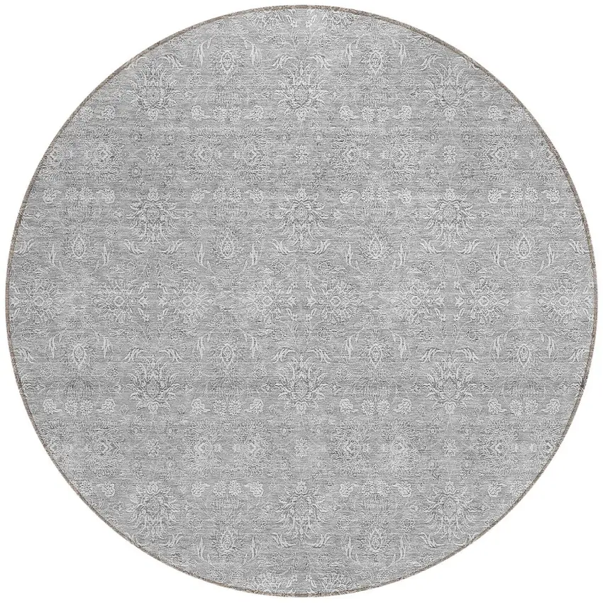 8' Gray Silver And Ivory Round Floral Washable Indoor Outdoor Area Rug Photo 5