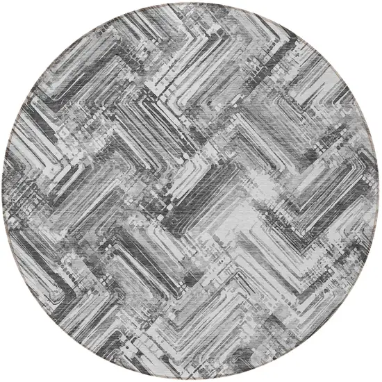 8' Gray Silver And Ivory Round Geometric Washable Indoor Outdoor Area Rug Photo 5