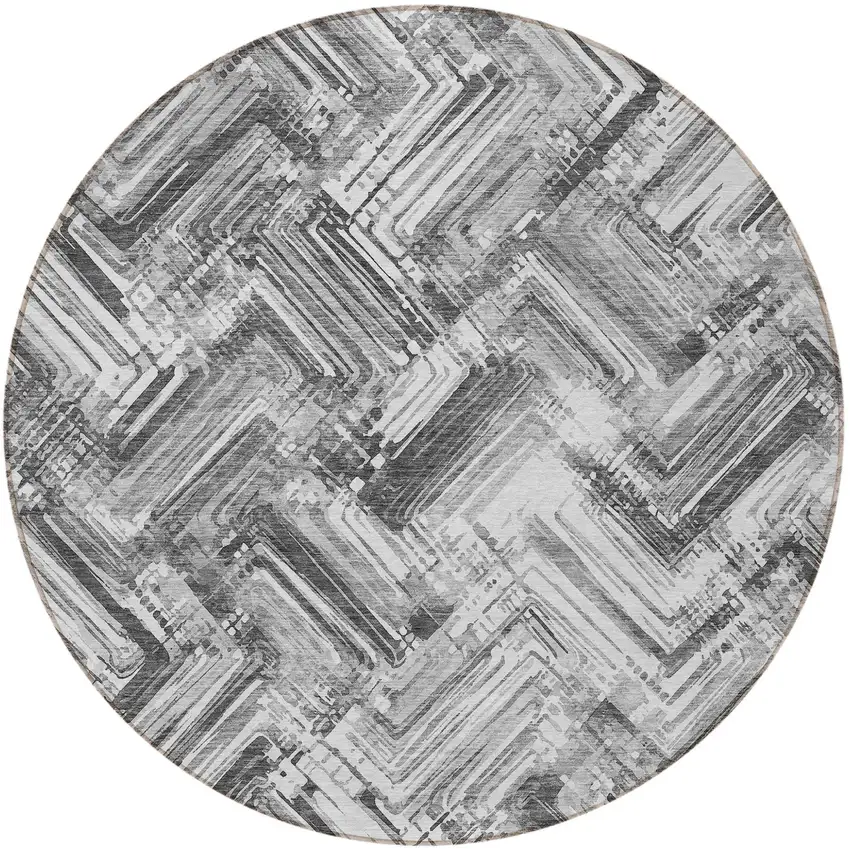 8' Gray Silver And Ivory Round Geometric Washable Indoor Outdoor Area Rug Photo 5