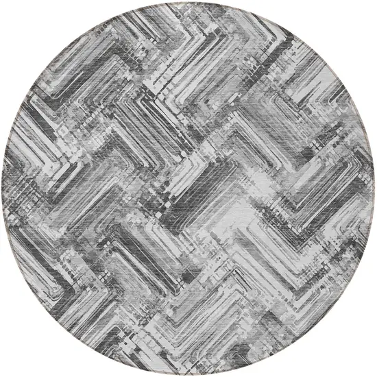 8' Gray Silver And Ivory Round Geometric Washable Indoor Outdoor Area Rug Photo 5