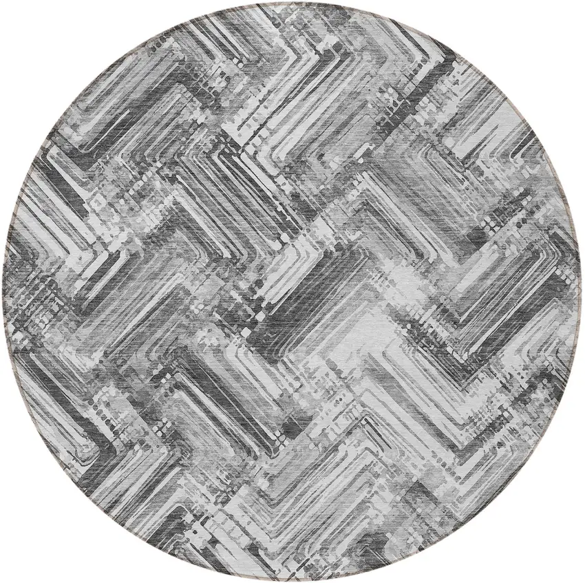 8' Gray Silver And Ivory Round Geometric Washable Indoor Outdoor Area Rug Photo 5