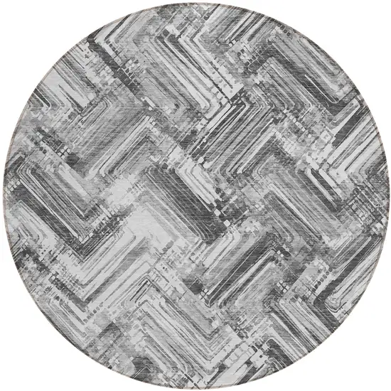 8' Gray Silver And Ivory Round Geometric Washable Indoor Outdoor Area Rug Photo 1