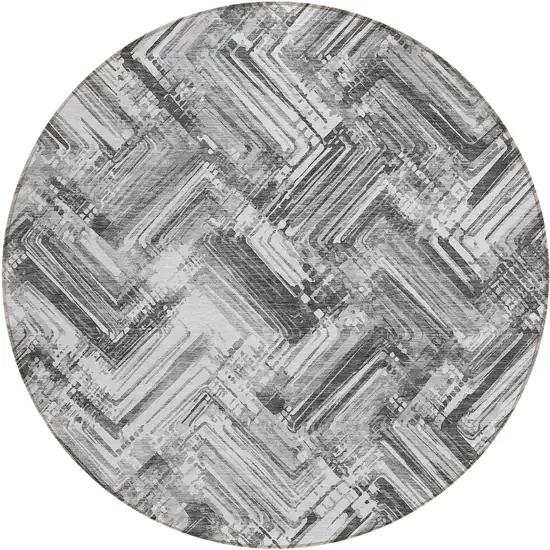 8' Gray Silver And Ivory Round Geometric Washable Indoor Outdoor Area Rug Photo 1