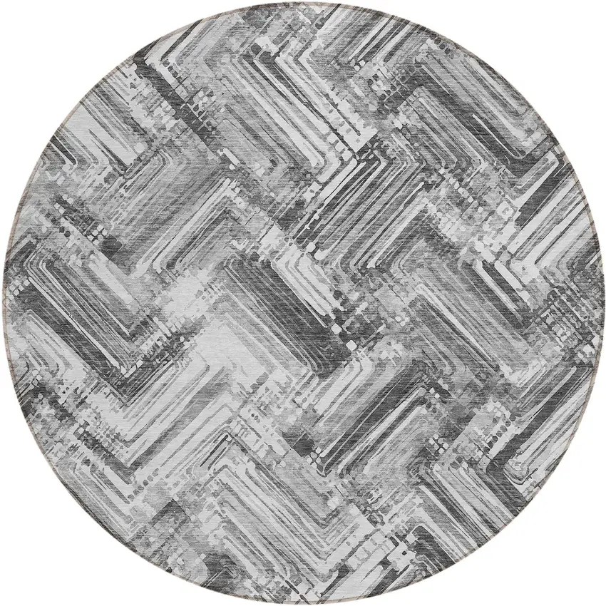 8' Gray Silver And Ivory Round Geometric Washable Indoor Outdoor Area Rug Photo 1