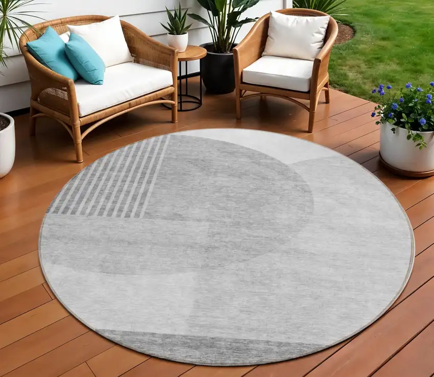 8' Gray Silver And Ivory Round Geometric Washable Indoor Outdoor Area Rug Photo 1