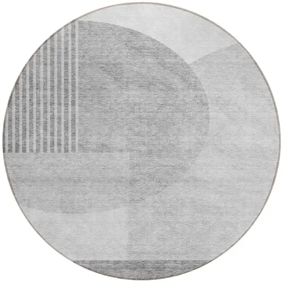 8' Gray Silver And Ivory Round Geometric Washable Indoor Outdoor Area Rug Photo 5