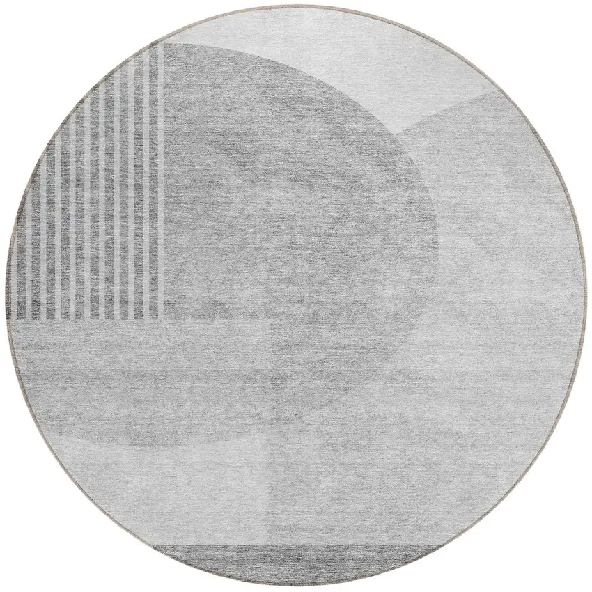 8' Gray Silver And Ivory Round Geometric Washable Indoor Outdoor Area Rug Photo 5