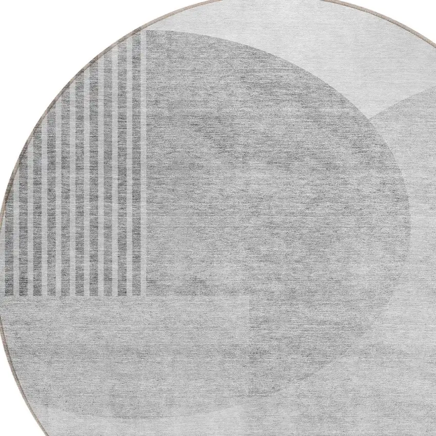 8' Gray Silver And Ivory Round Geometric Washable Indoor Outdoor Area Rug Photo 4