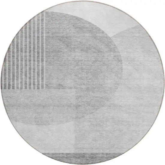 8' Gray Silver And Ivory Round Geometric Washable Indoor Outdoor Area Rug Photo 2
